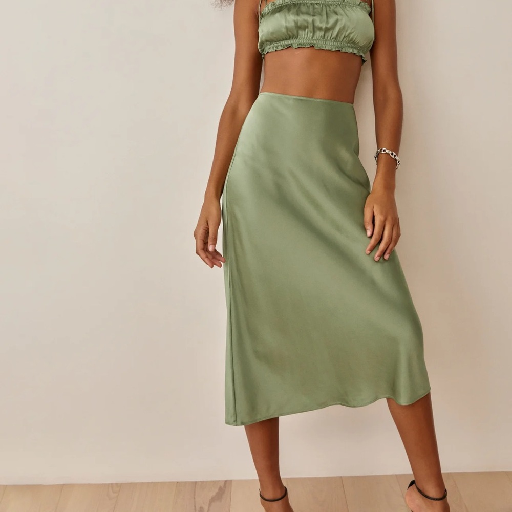 Reformation Green Satin Slip Skirt